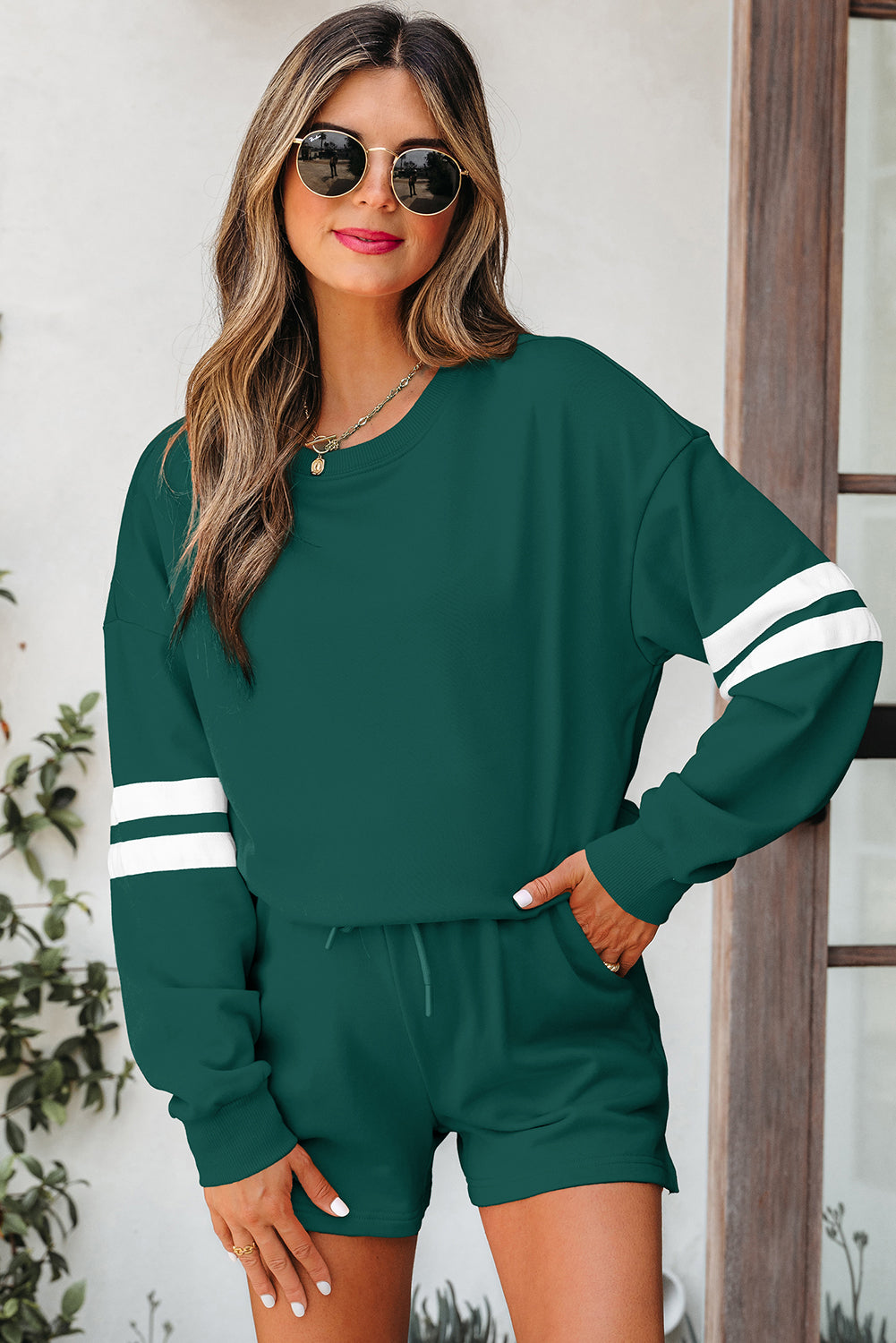 Navy Blue Varsity Striped Sleeve Drop Shoulder Sweatshirt and Short Set