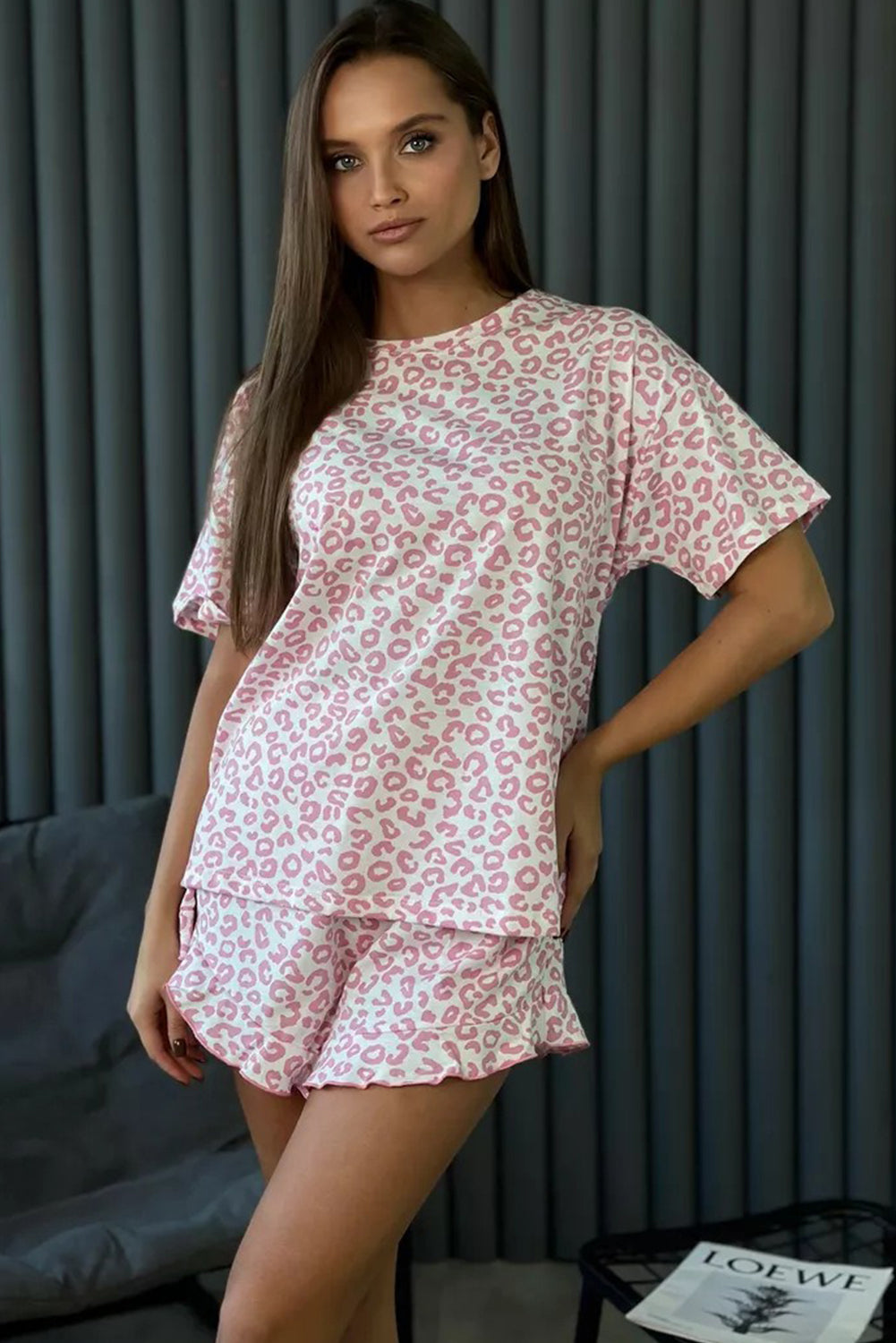 Pink Leopard Print Round Neck Top and Ruffle Trim Shorts Two Piece Pajama Set