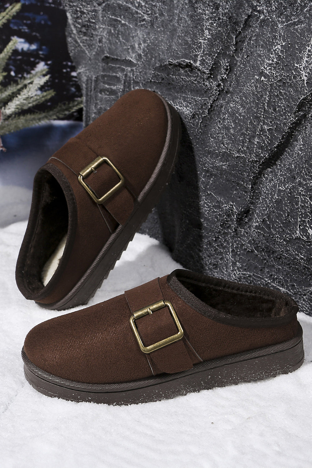 Black Faux Suede Buckle Strap Detail Winter Clog Slippers