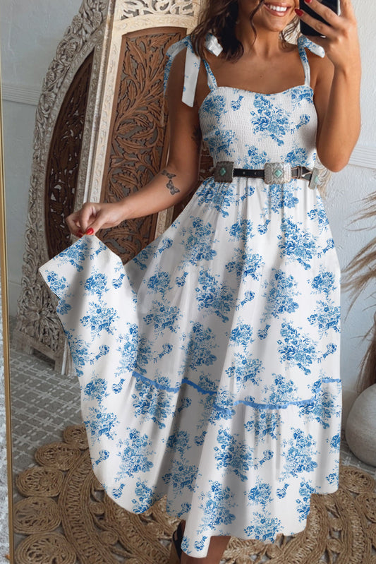 Sky Blue Floral Print Shirred Knot Shoulder Sleeveless Long Dress