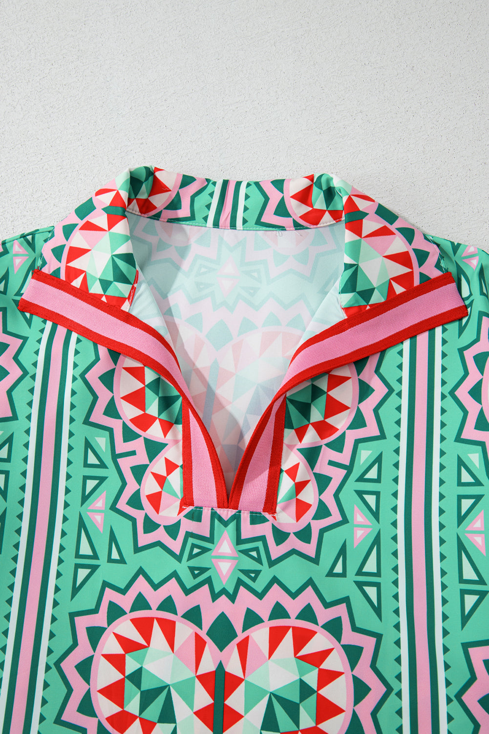 Mint Green Geometric Butterfly Print Split Neck Short Sleeve Dress