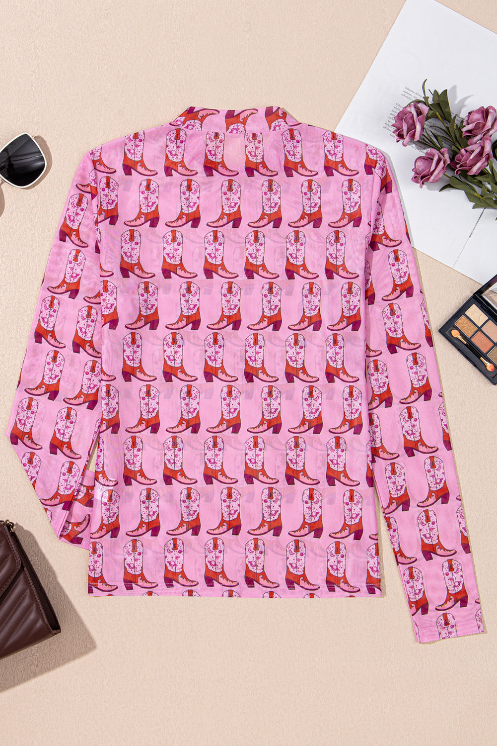 Pink Cowgirl Boots Printed Mock Neck Long Sleeve Mesh Top