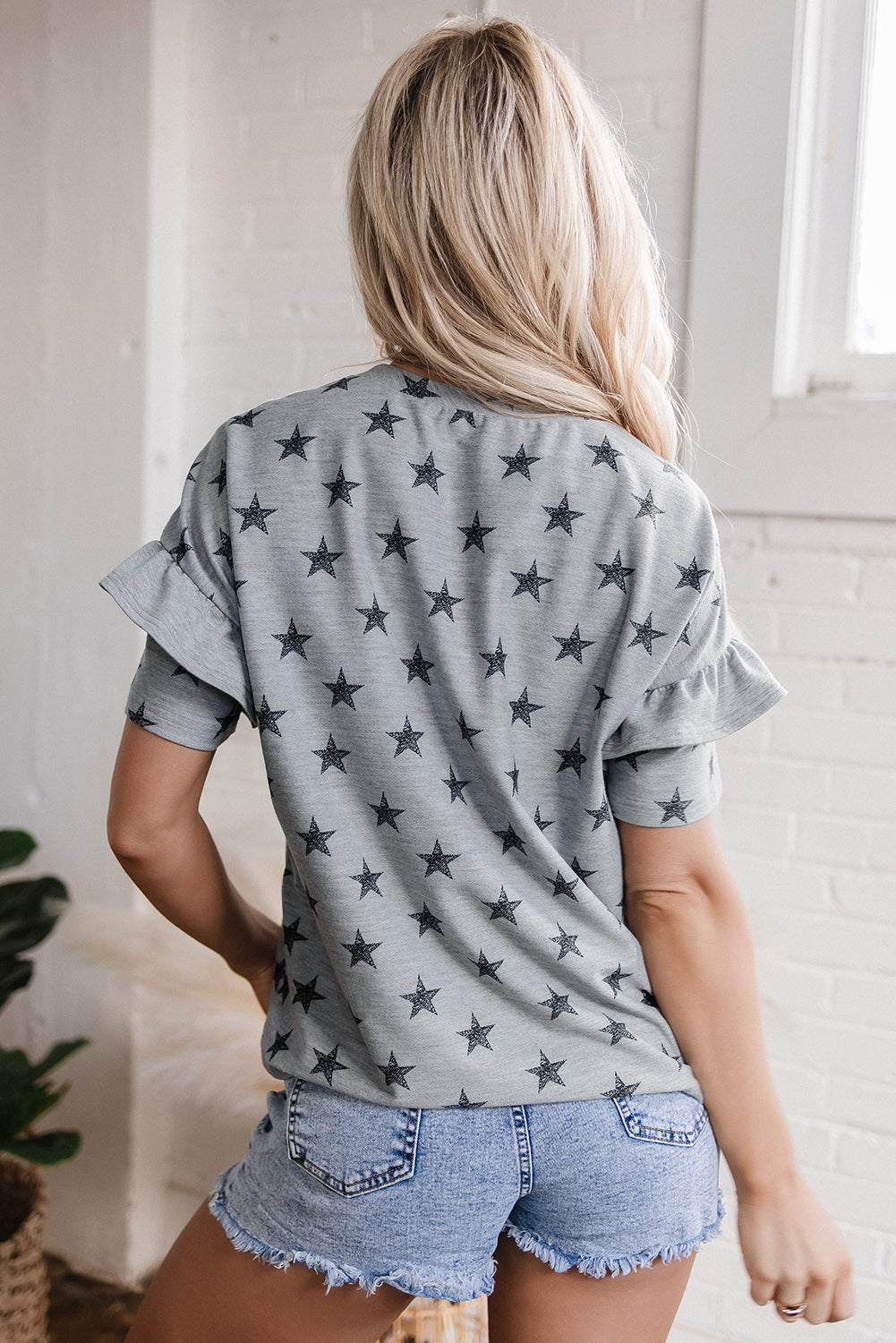 Gray Star Print Tiered Ruffled Sleeve Crew Neck T Shirt
