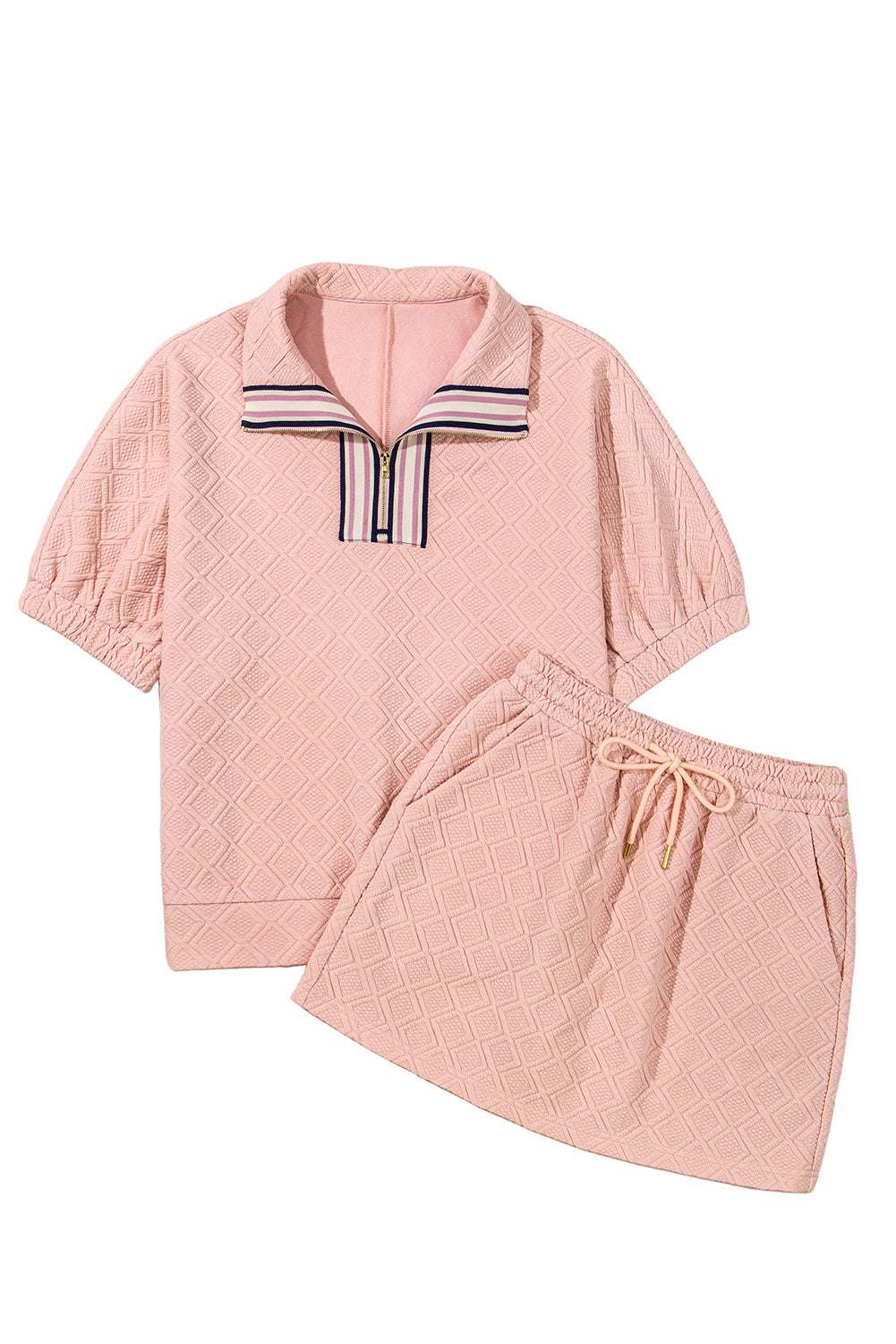Light Pink Striped Collared Zip up Textured Skirt Set