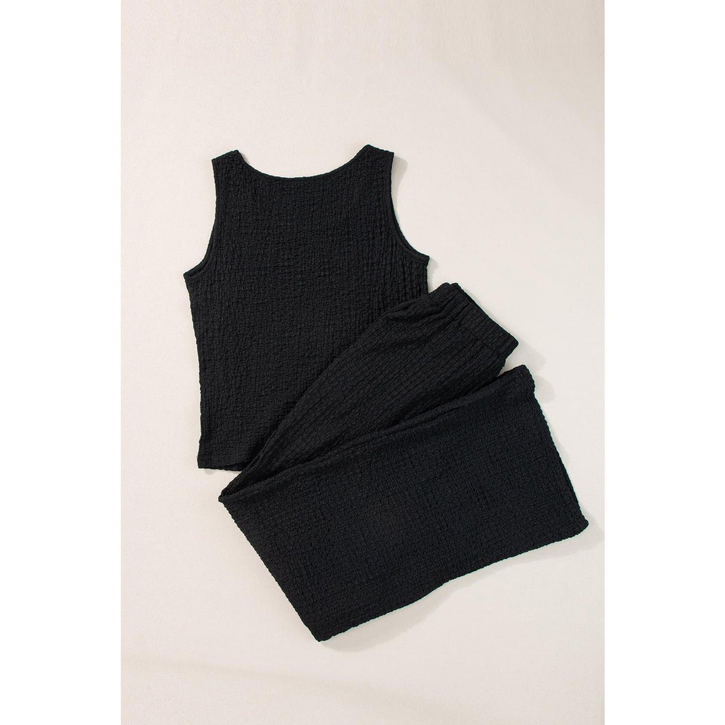 Black Crinkled U Neck Tank Top and Wide Leg Pants Set Casual Womenswear matching