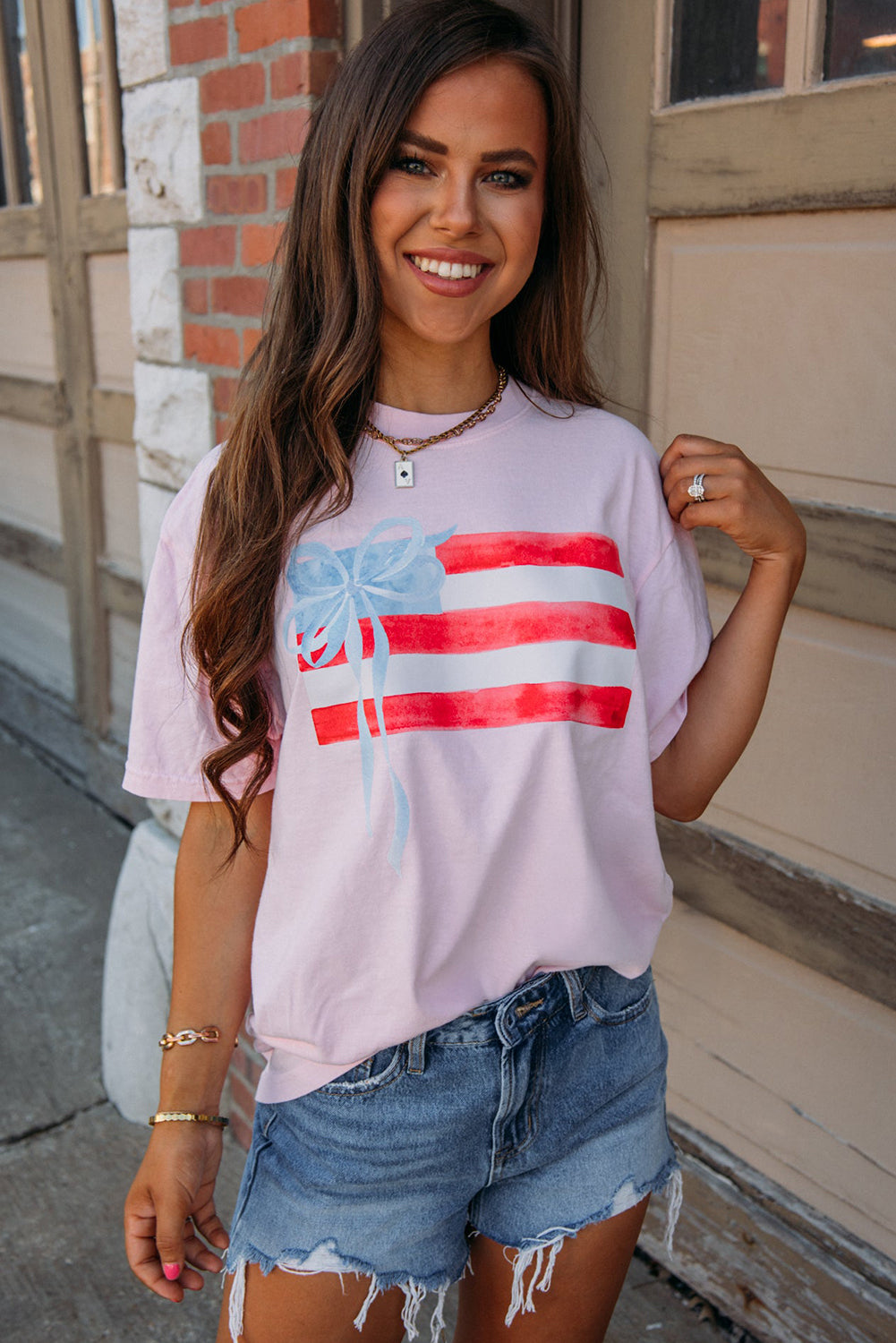 Light Pink Flag Bow Graphic Crewneck Tee