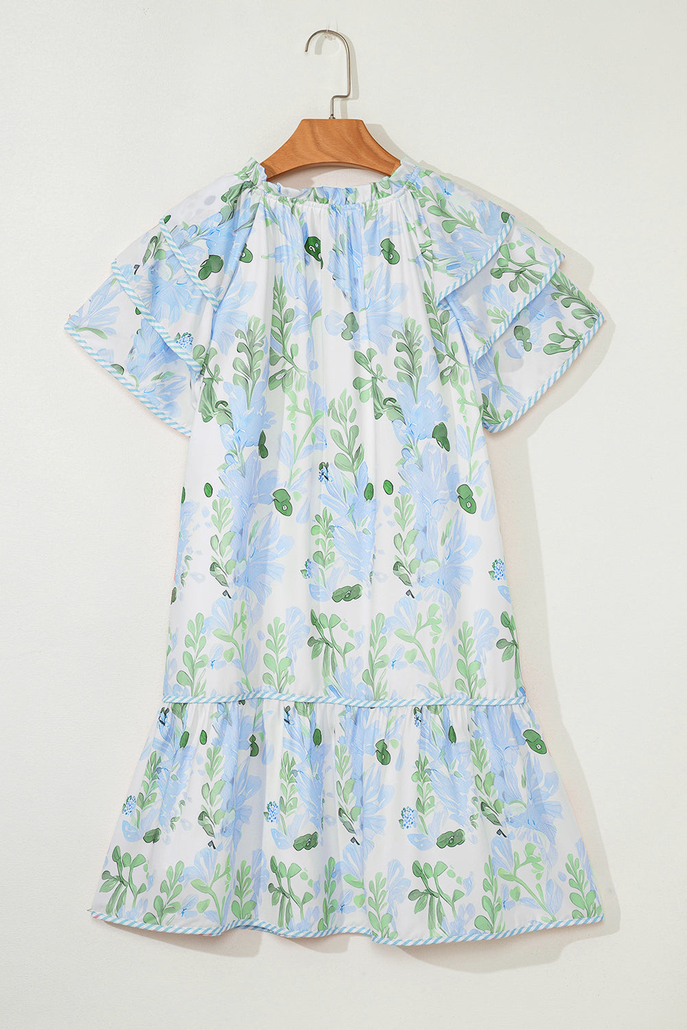 Sky Blue Floral Contrast Edge Layered Short Sleeve Mini Dress