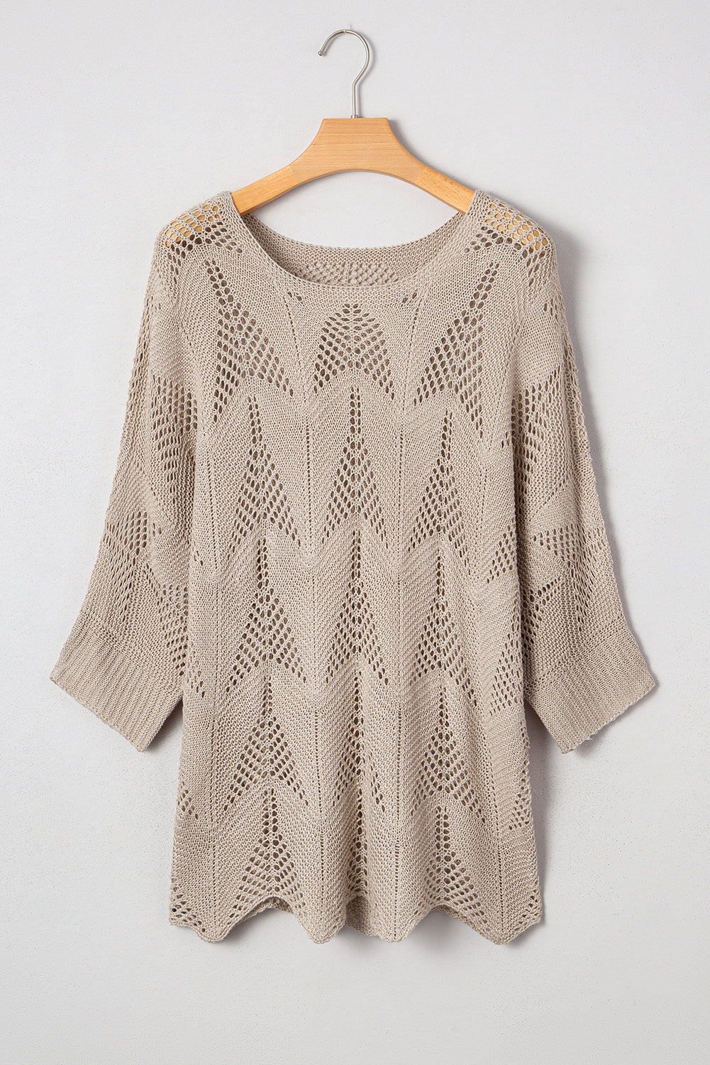 Navy Blue Hollow Out Knit 3/4 Sleeve Loose Sweater