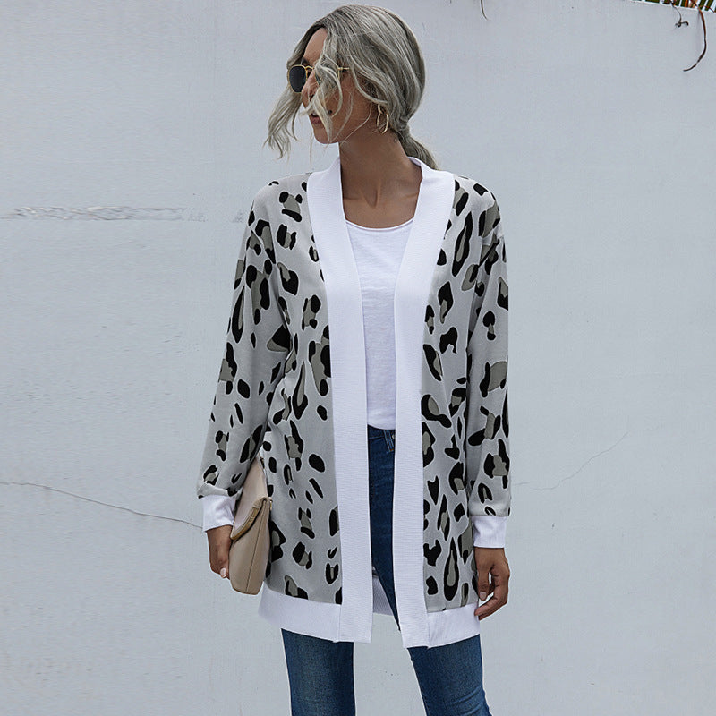 Ladies Tie Dye Leopard Print Knit Cardigan Jacket