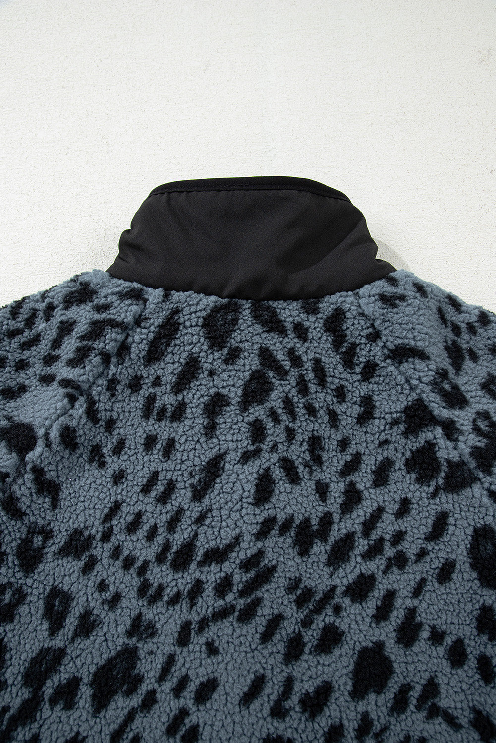 Blue Cow Print Buttoned Stand Collar Fleece Jacket