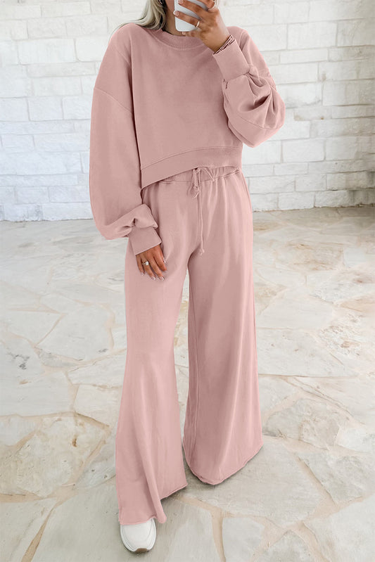 Light Pink Drop Shoulder Crop Pullover Drawstring Wide Leg Pants Set