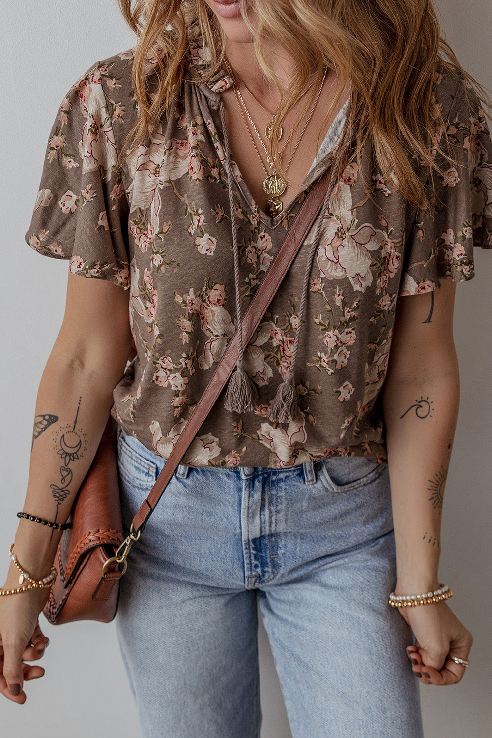 Khaki Retro Floral Print Tassel Tie Split Neck Short Sleeve Blouse