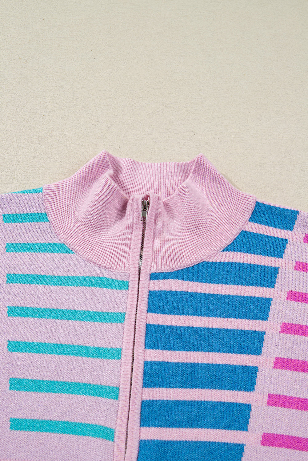 Sky Blue Stripe Colorblock Patchwork Plus Size Zip Collar Sweater