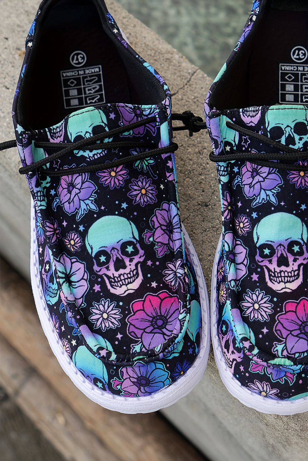 Dark Blue Halloween Skull Print Lace Up Casual Shoes
