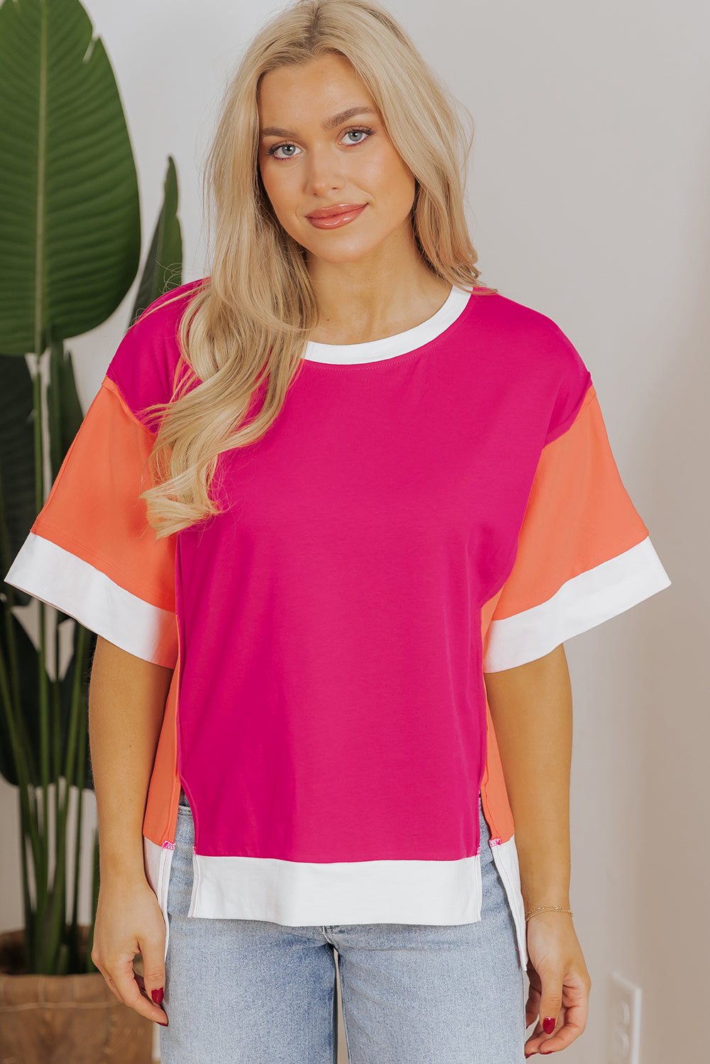 Rose Red Color Block Patchwork Side Slits Loose Fit T Shirt