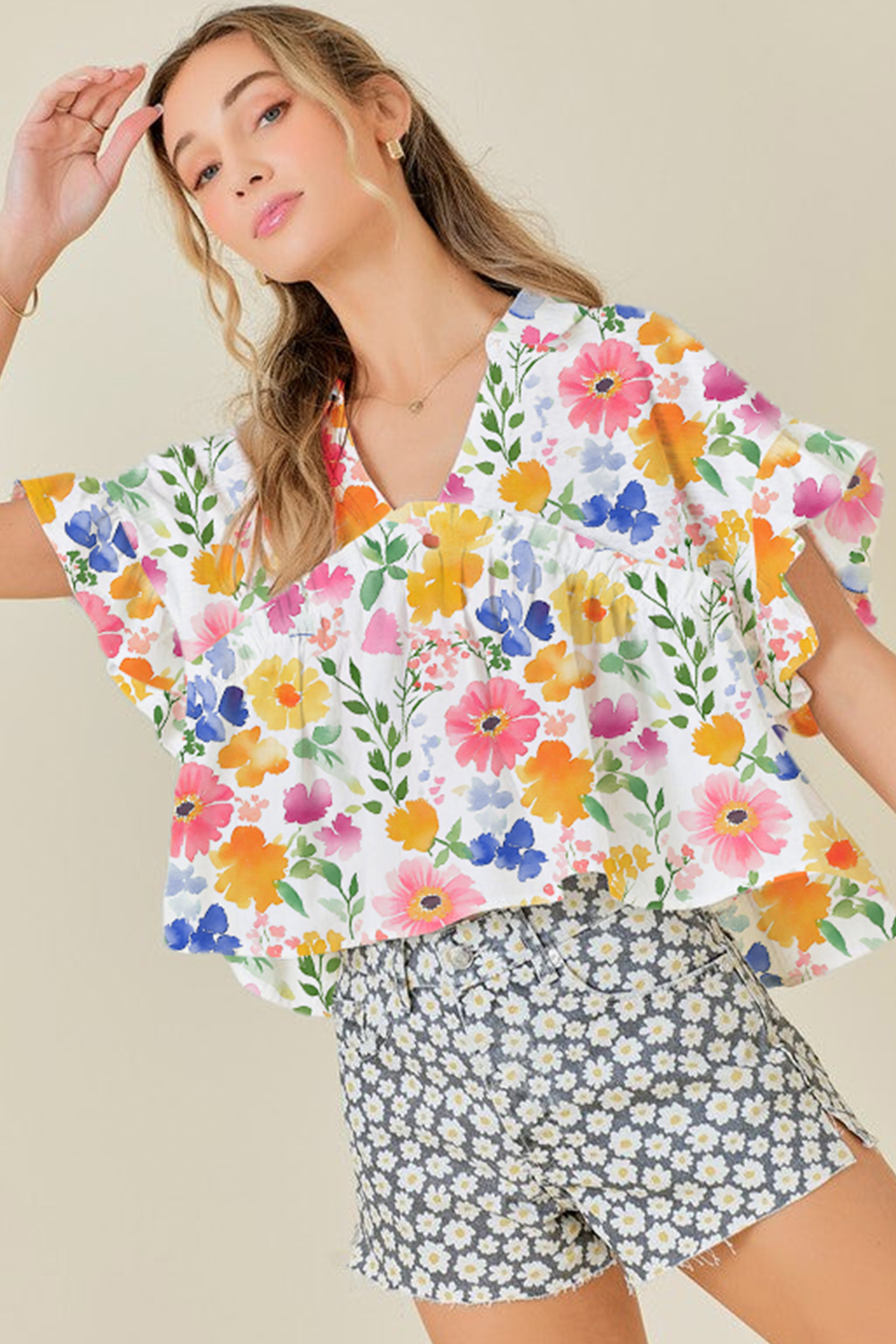 Yellow Floral Boxy Fit Ruffled Short Sleeve V Neck Blouse