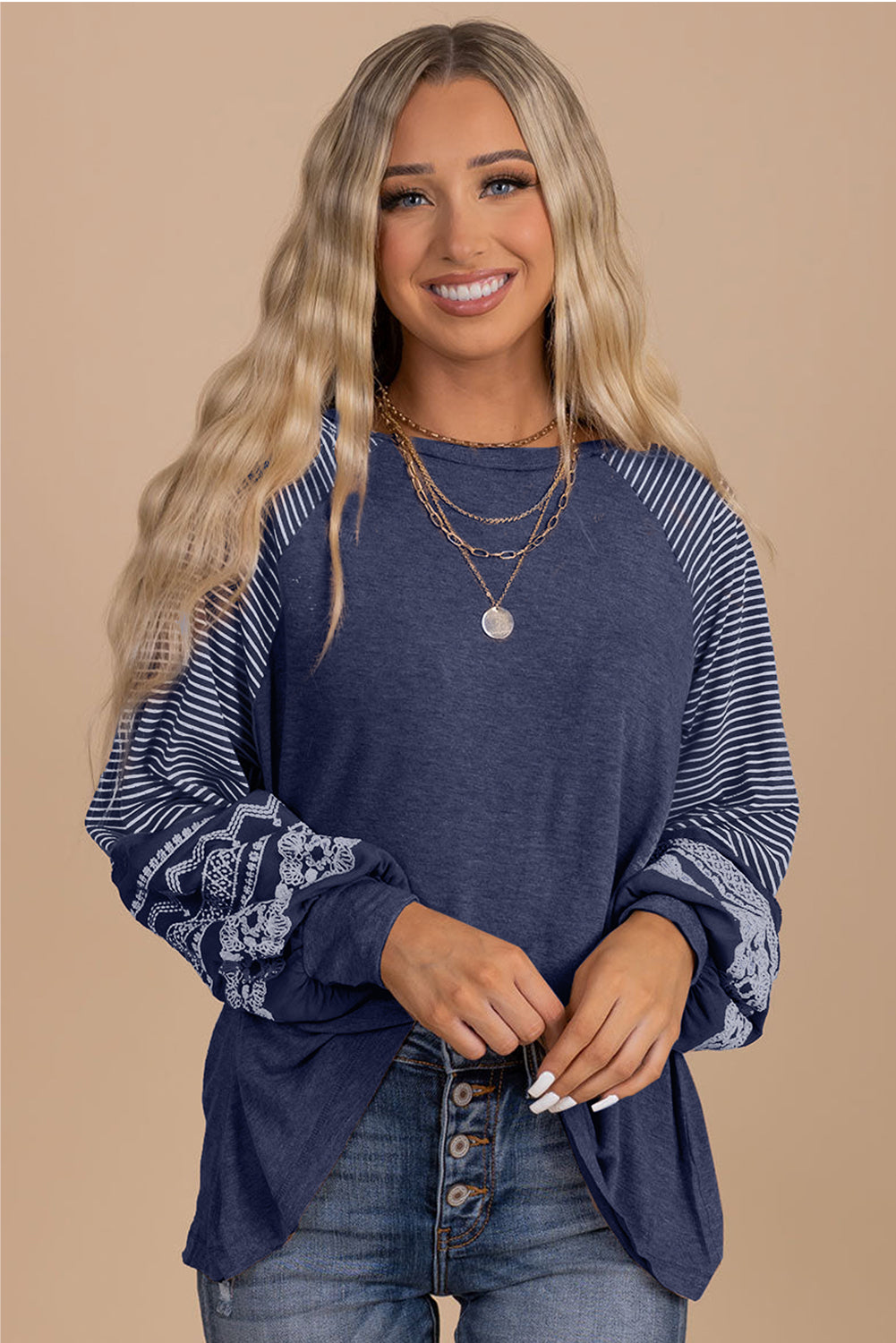 Tillandsia Purple Contrast Print Striped Raglan Long Sleeve Loose Top