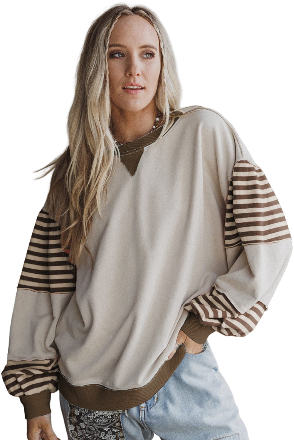 Delicacy Colorblock Patchwork Striped Sleeve Sweatshirt