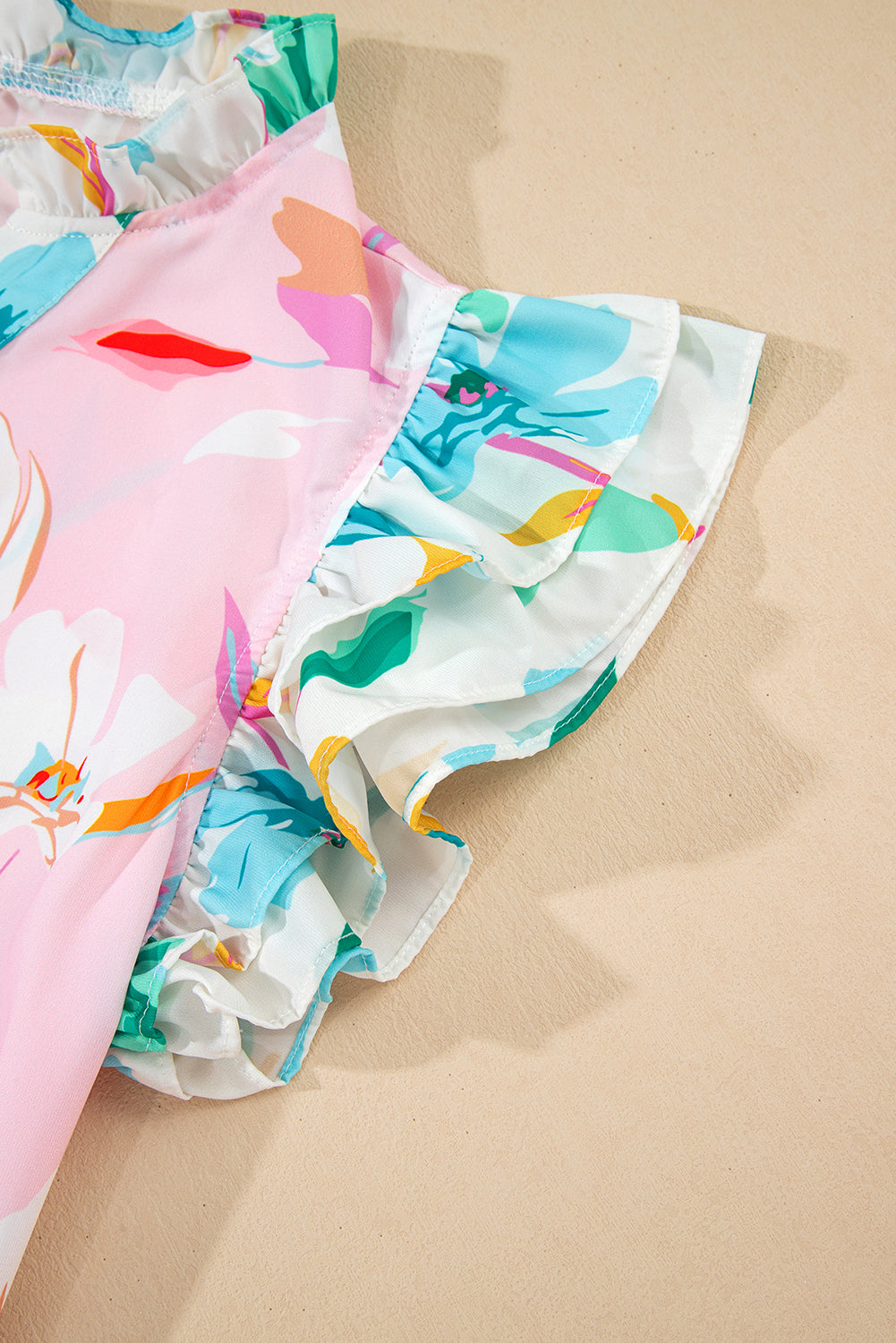 Multicolour Contrast Floral Patchwork Notched Neck Flutter Sleeve Blouse