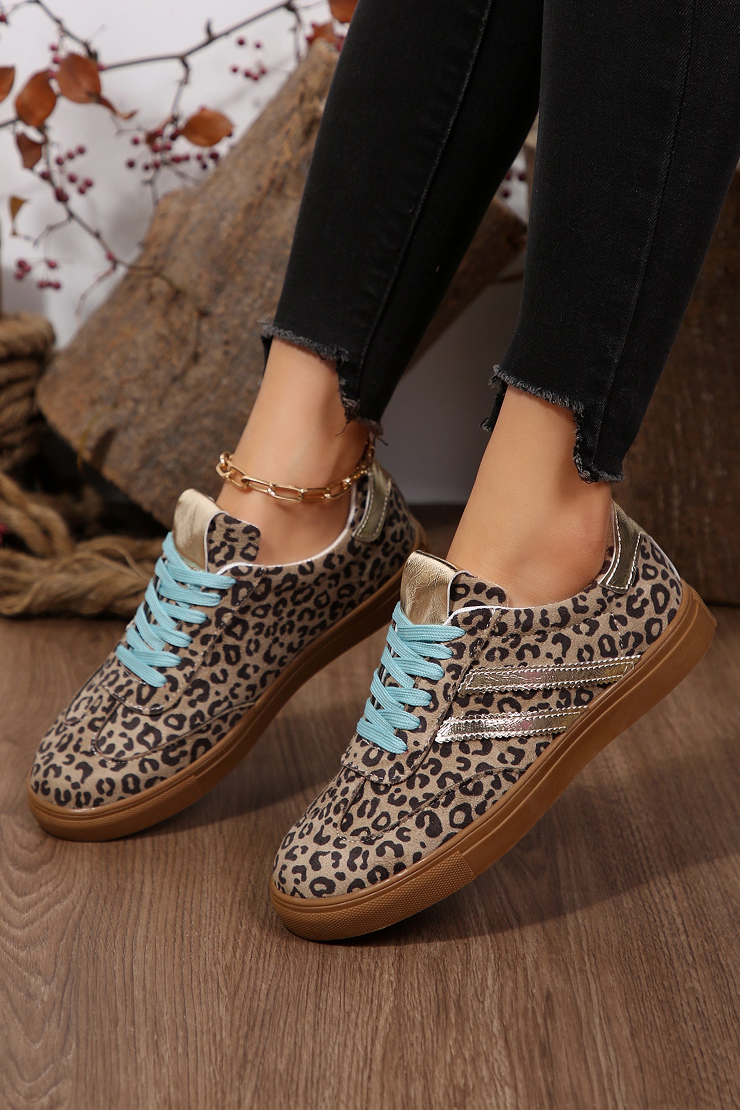 Coffee Faux Suede Leopard Print Sleek PU Leather Detail Lace Up Sneakers