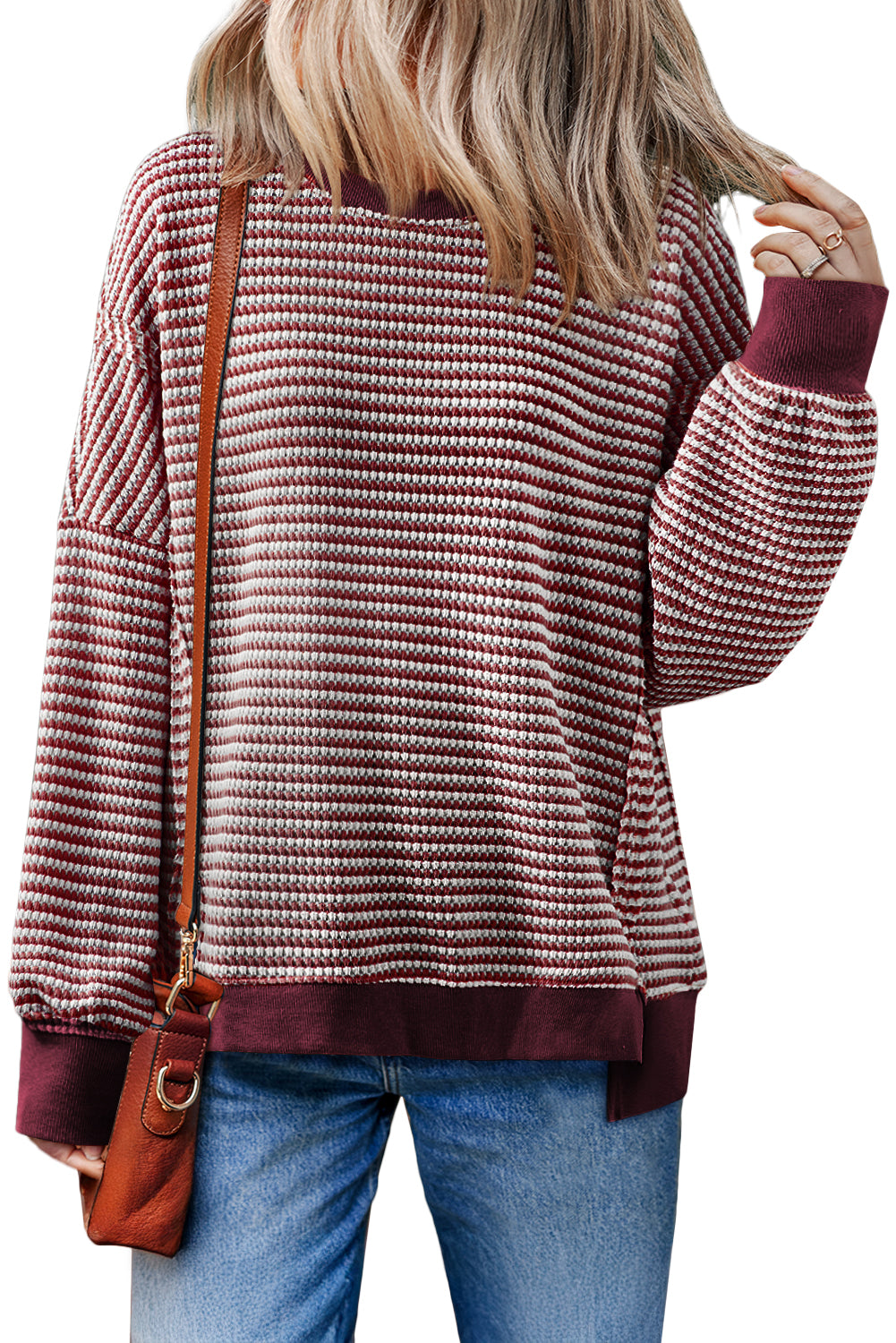 Black Stripe Ribbed Trim Drop Shoulder Long Sleeve Oversized Top