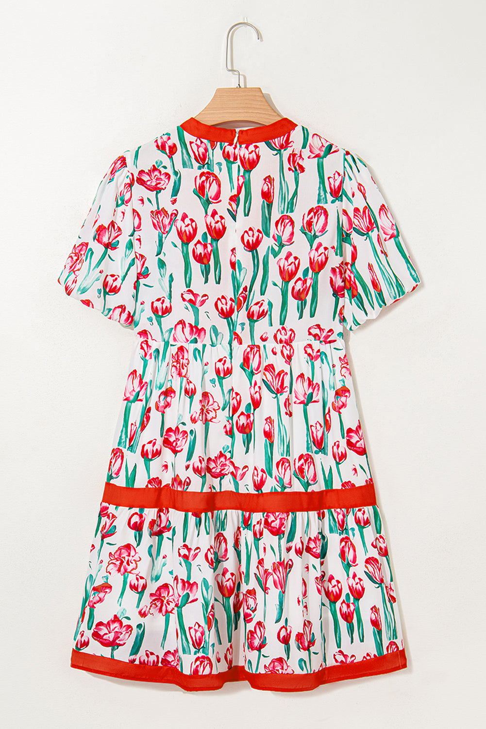 Pink Floral Print Contrast Trim V Neck Bubble Short Sleeve Babydoll Dress