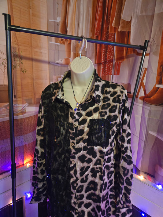 Sequin Leopard Print Button Down Blouse – Glam Wild Long Sleeve Top