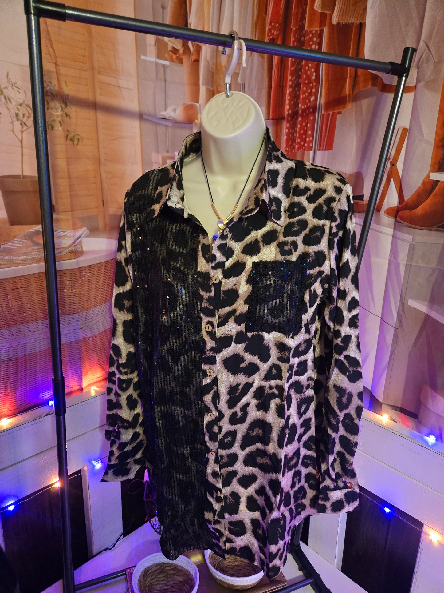 Sequin Leopard Print Button Down Blouse – Glam Wild Long Sleeve Top