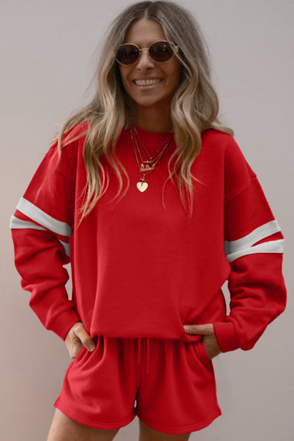 Orange Varsity Striped Sleeve Drop Shoulder Sweatshirt and Shorts Set