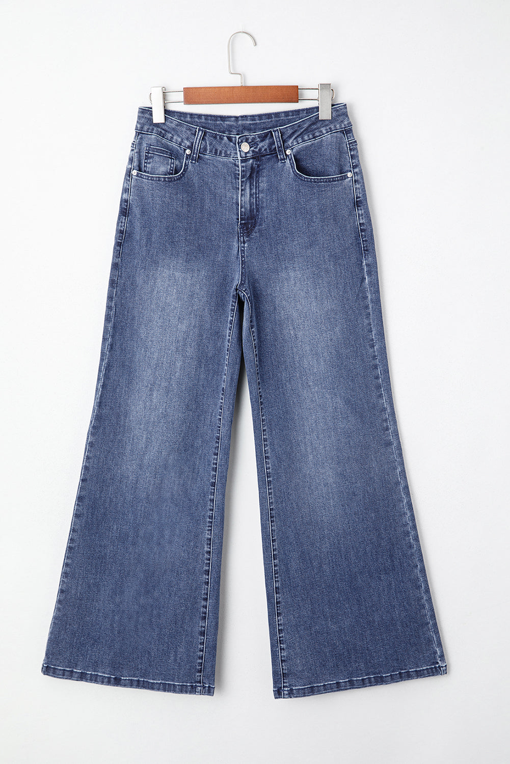 Dirty blue Button Zip High Waist Flared Hem Jeans