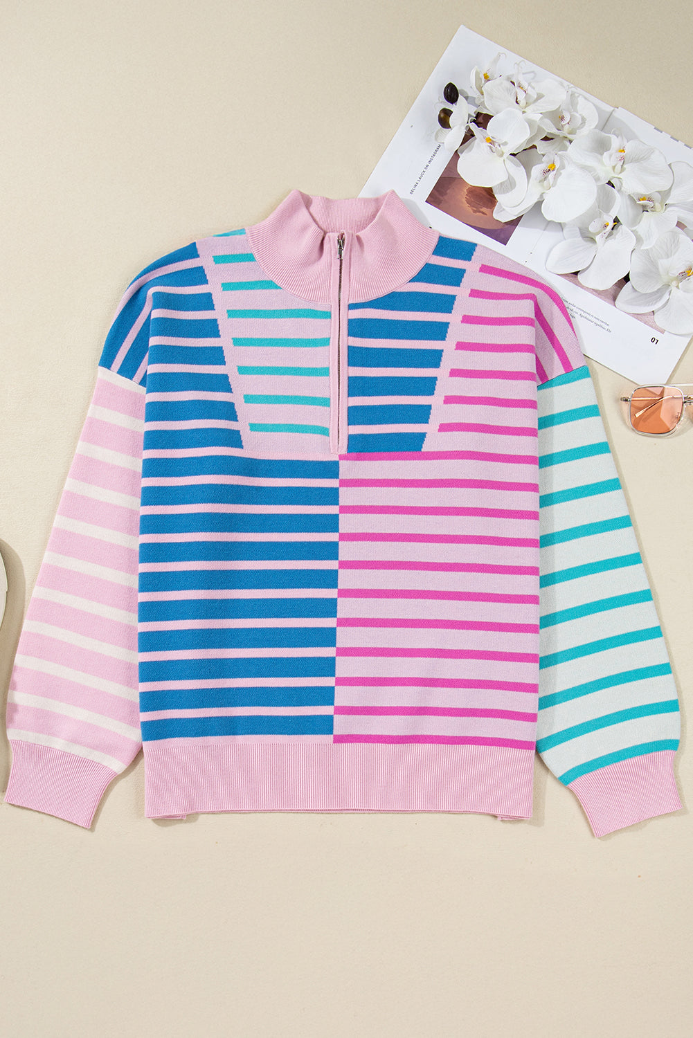 Sky Blue Stripe Colorblock Patchwork Plus Size Zip Collar Sweater