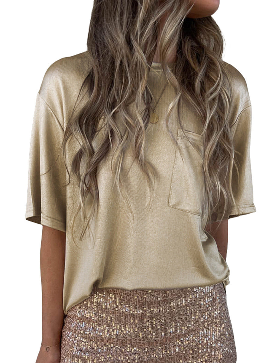 Solid Color Chest Pocket Loose Design Short Sleeve