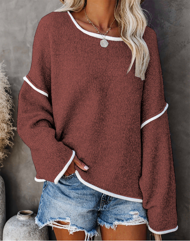 Solid Color Stitching Long-sleeved Sweater Top Casual Round Neck