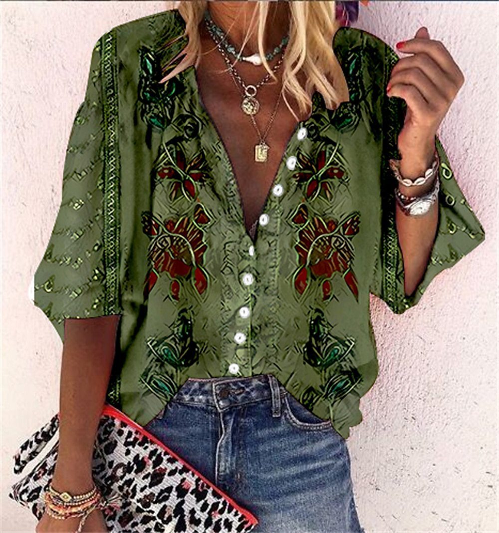 Popular Fashion Summer Women's Stand Up Collar Loose Button Retro Printed Casual Shirt