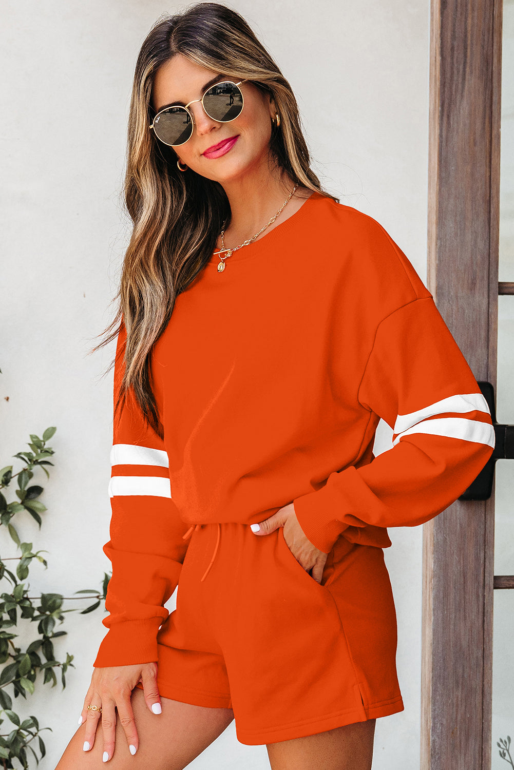 Navy Blue Varsity Striped Sleeve Drop Shoulder Sweatshirt and Short Set