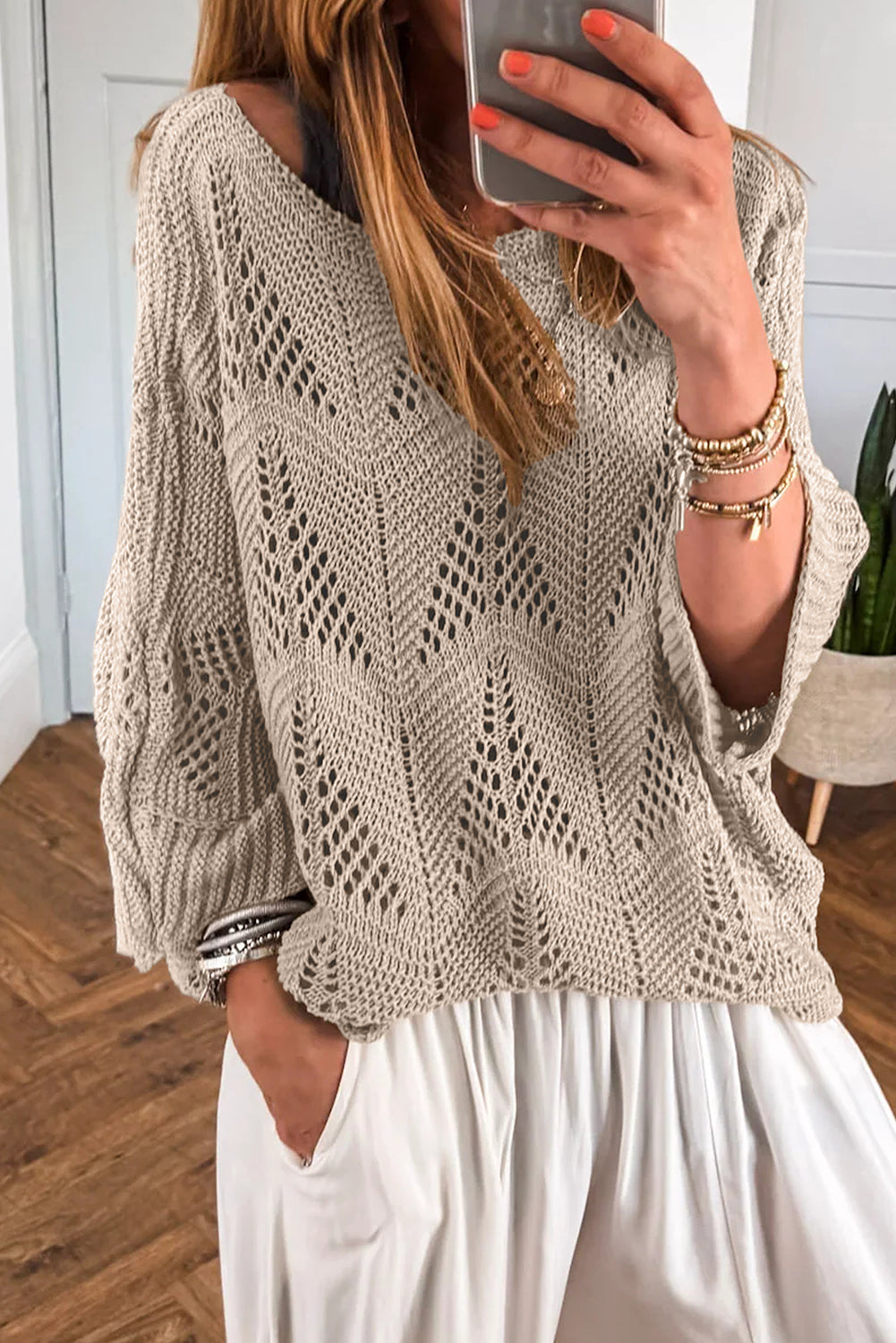 Navy Blue Hollow Out Knit 3/4 Sleeve Loose Sweater