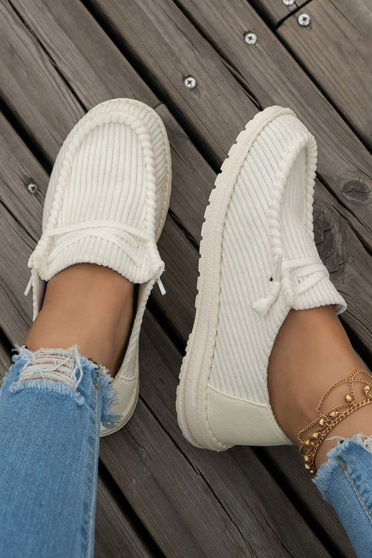 White Solid Ribbed Criss Cross Casual Shoes
