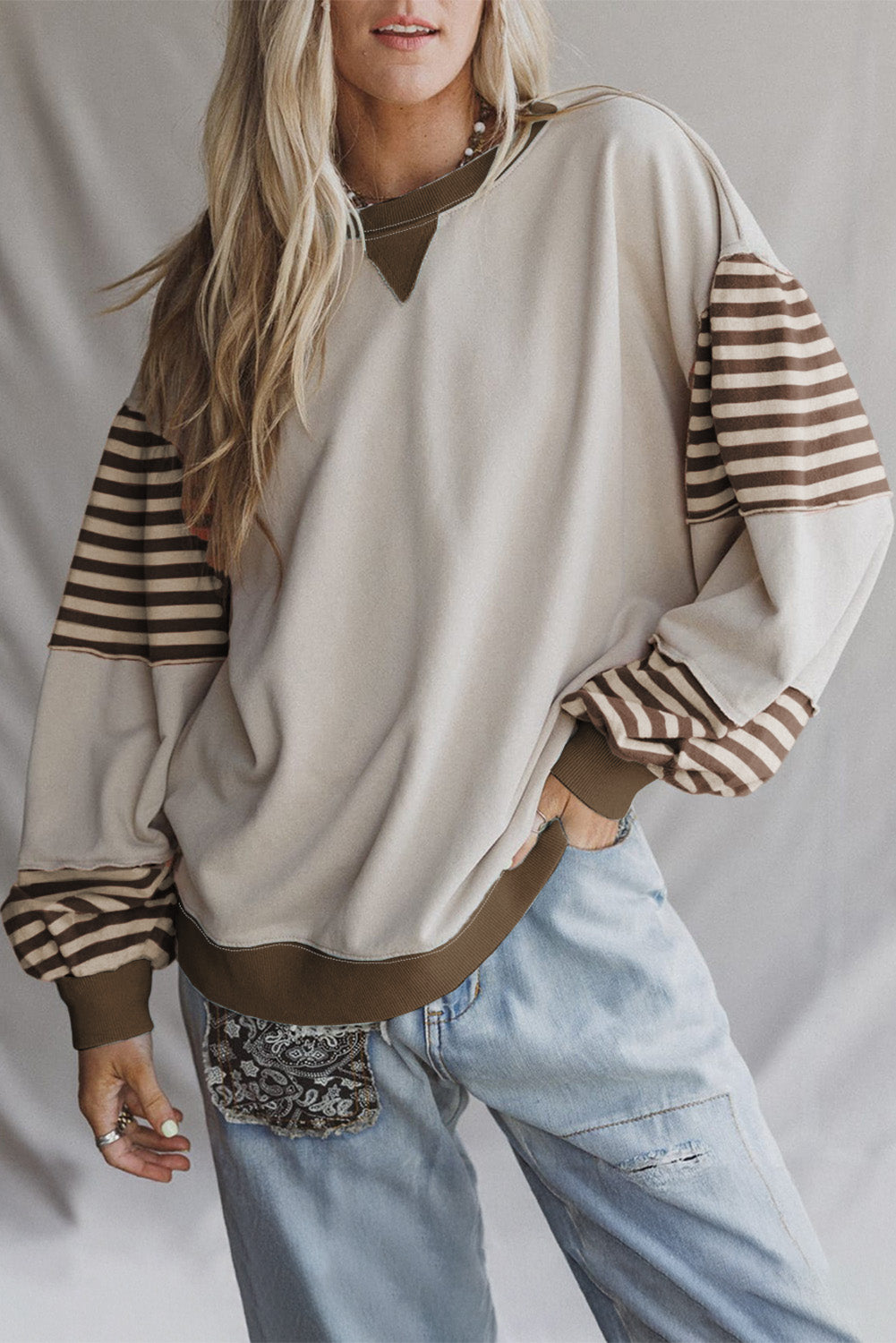 Delicacy Colorblock Patchwork Striped Sleeve Sweatshirt