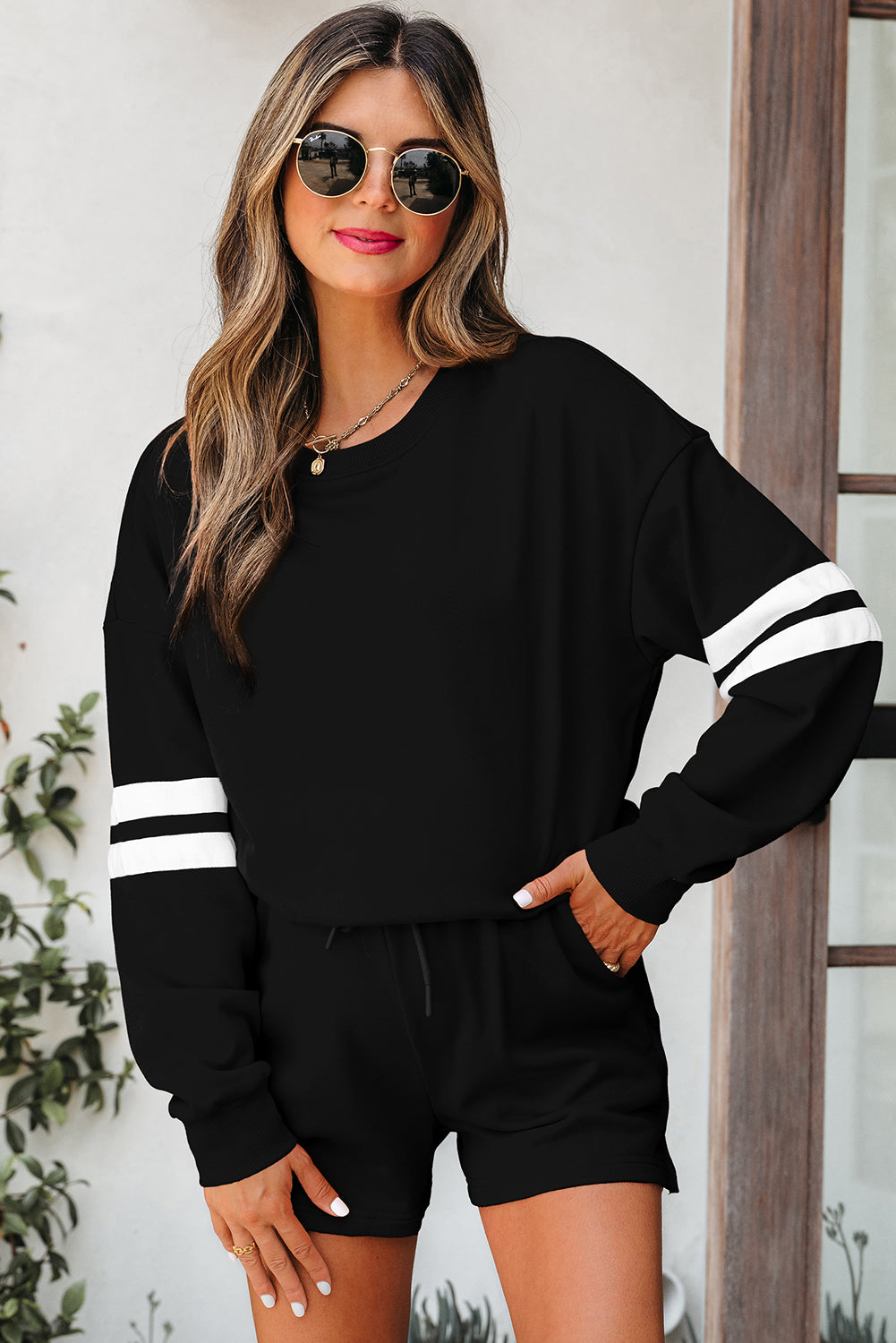 Navy Blue Varsity Striped Sleeve Drop Shoulder Sweatshirt and Short Set