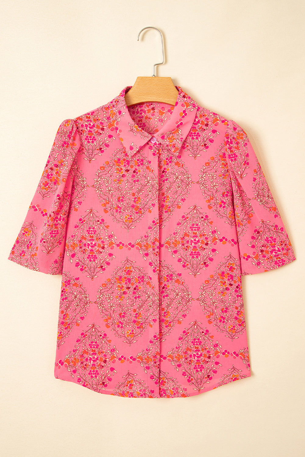 Rose Red Floral Print Wide Short Sleeve Loose Shirt
