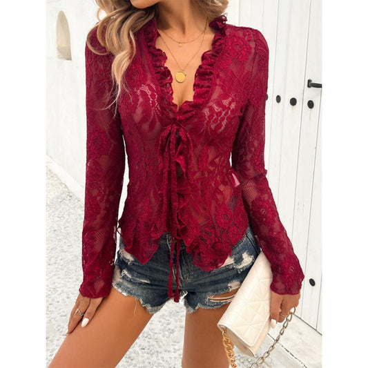 Spring and summer sexy slim long sleeve lace top Clothing Fabric