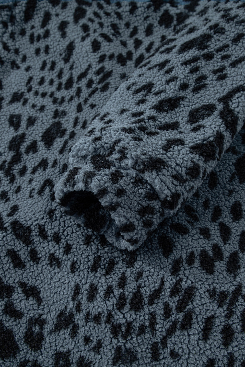 Blue Cow Print Buttoned Stand Collar Fleece Jacket