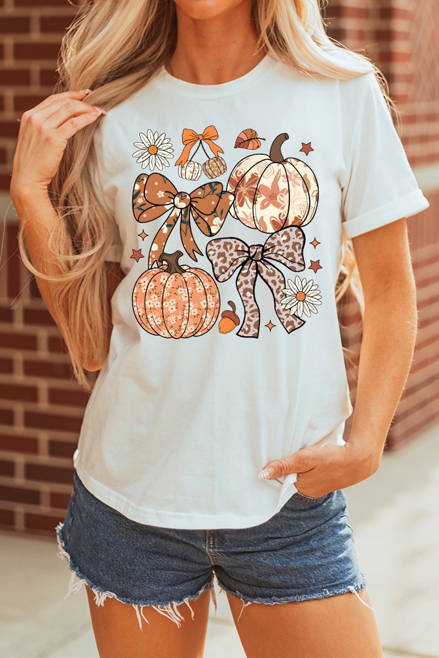 White Unique Leopard Bow Pumpkin Graphic T Shirt