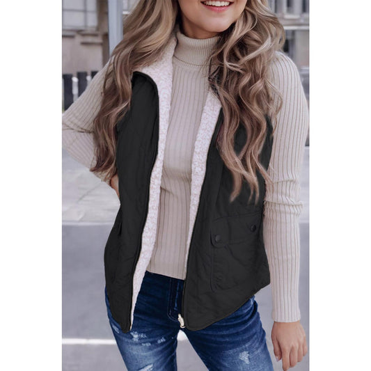 Black Fleece Lined Quilted Zip up Vest Coat Womenswear Tops