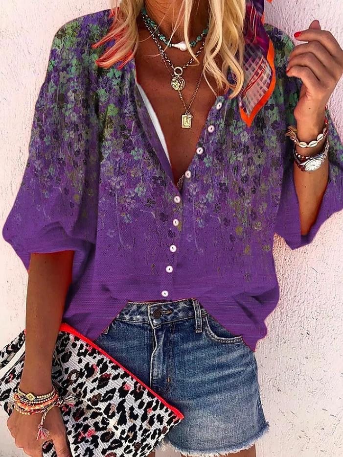 Popular Fashion Summer Women's Stand Up Collar Loose Button Retro Printed Casual Shirt