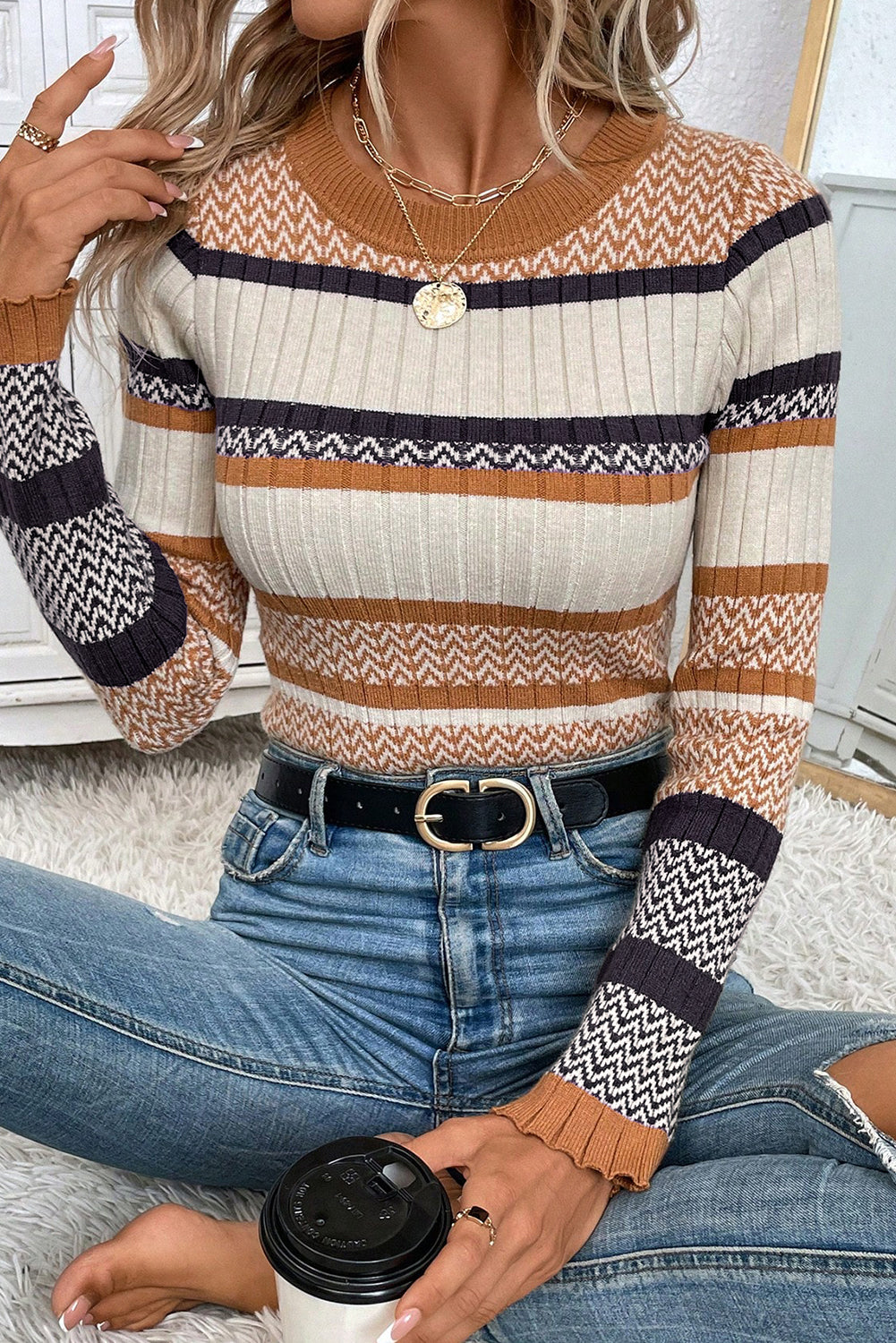 Brown Stripe Chevron Pattern Knitted Ribbed Trim Slim Fit Sweater