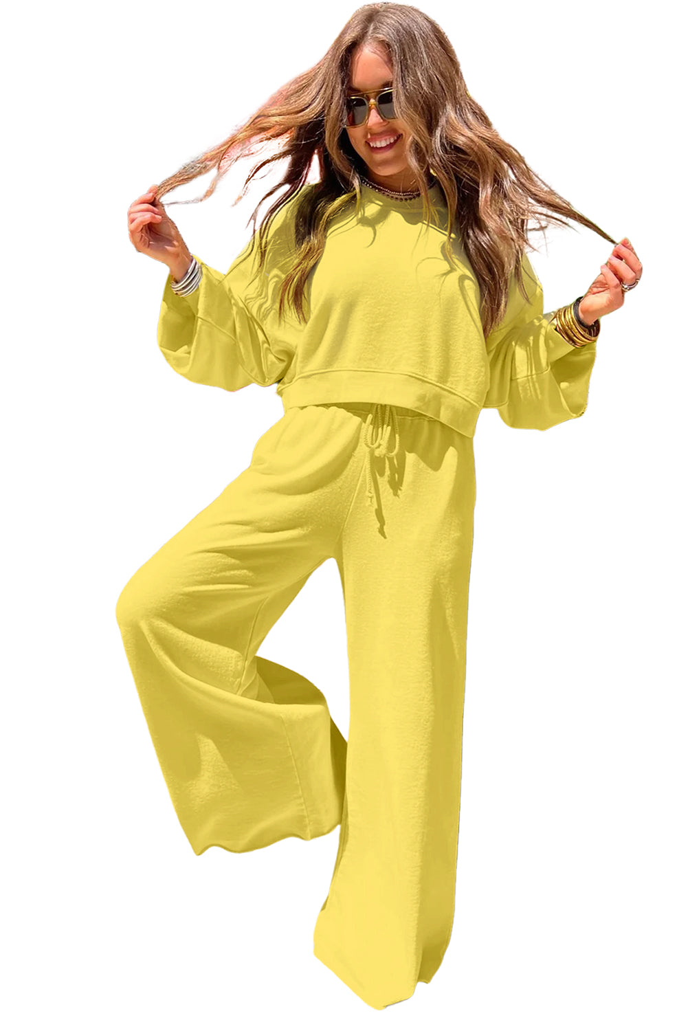 Yellow Cream Drop Shoulder Crop Pullover Drawstring Wide Leg Pants Set
