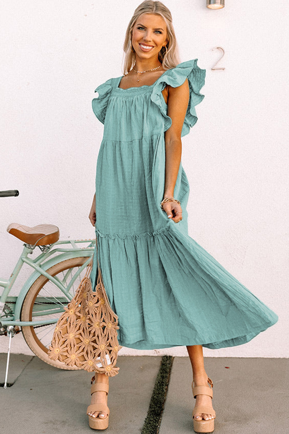 Green Ruffled Flutter Sleeve Square Neck Textured Tiered Maxi Dress