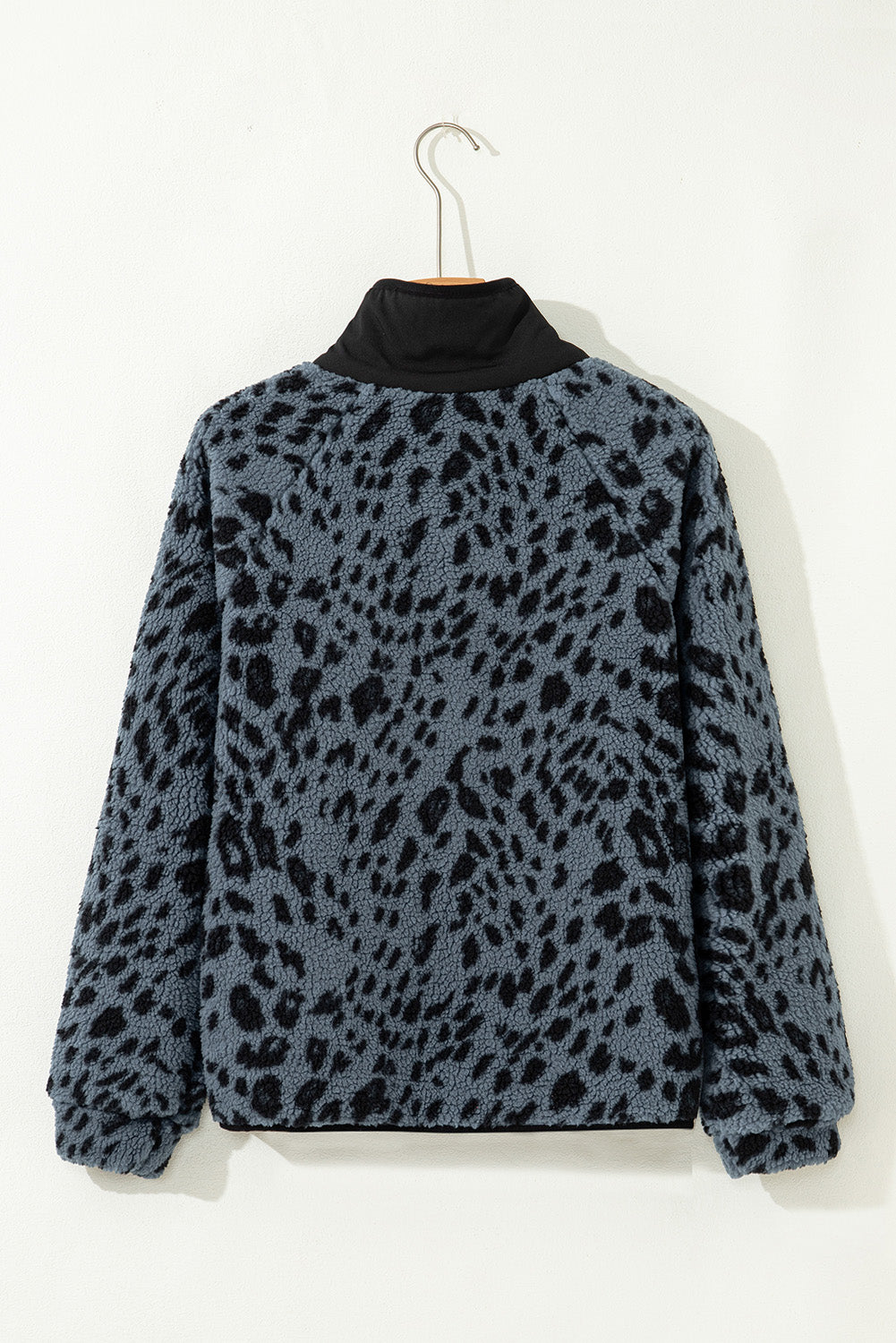 Blue Cow Print Buttoned Stand Collar Fleece Jacket