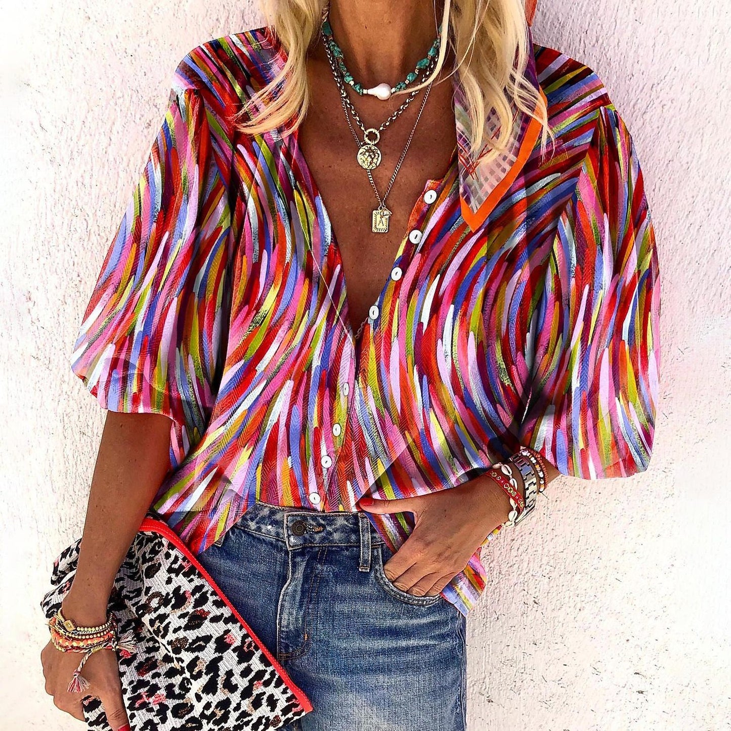 Popular Fashion Summer Women's Stand Up Collar Loose Button Retro Printed Casual Shirt